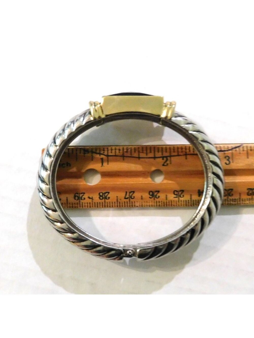 Two-Tone Hinged Bangle Bracelet Silver Gold Accents Black Faceted Stone - Picture 7 of 8